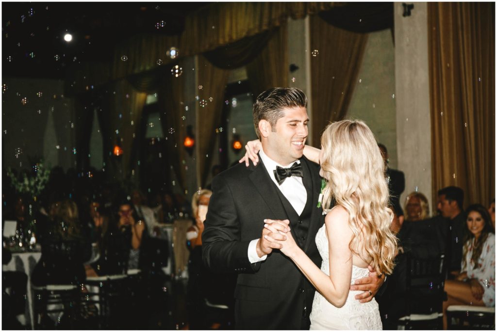 Padua Hills Wedding Claremont California Bride and Groom Dance With Bubbles